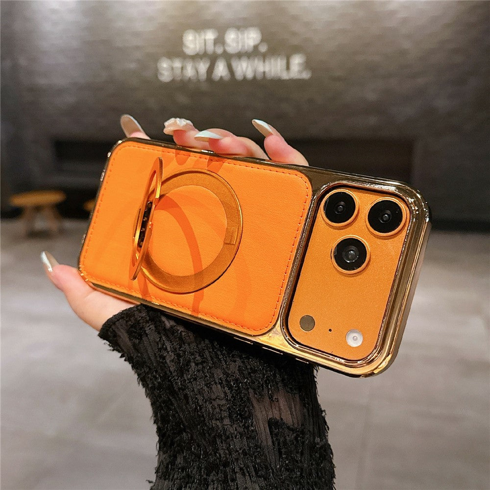 For iPhone 17 Pro Case Rotating Magnetic Kickstand Leather Coated PC + TPU Protective Cover