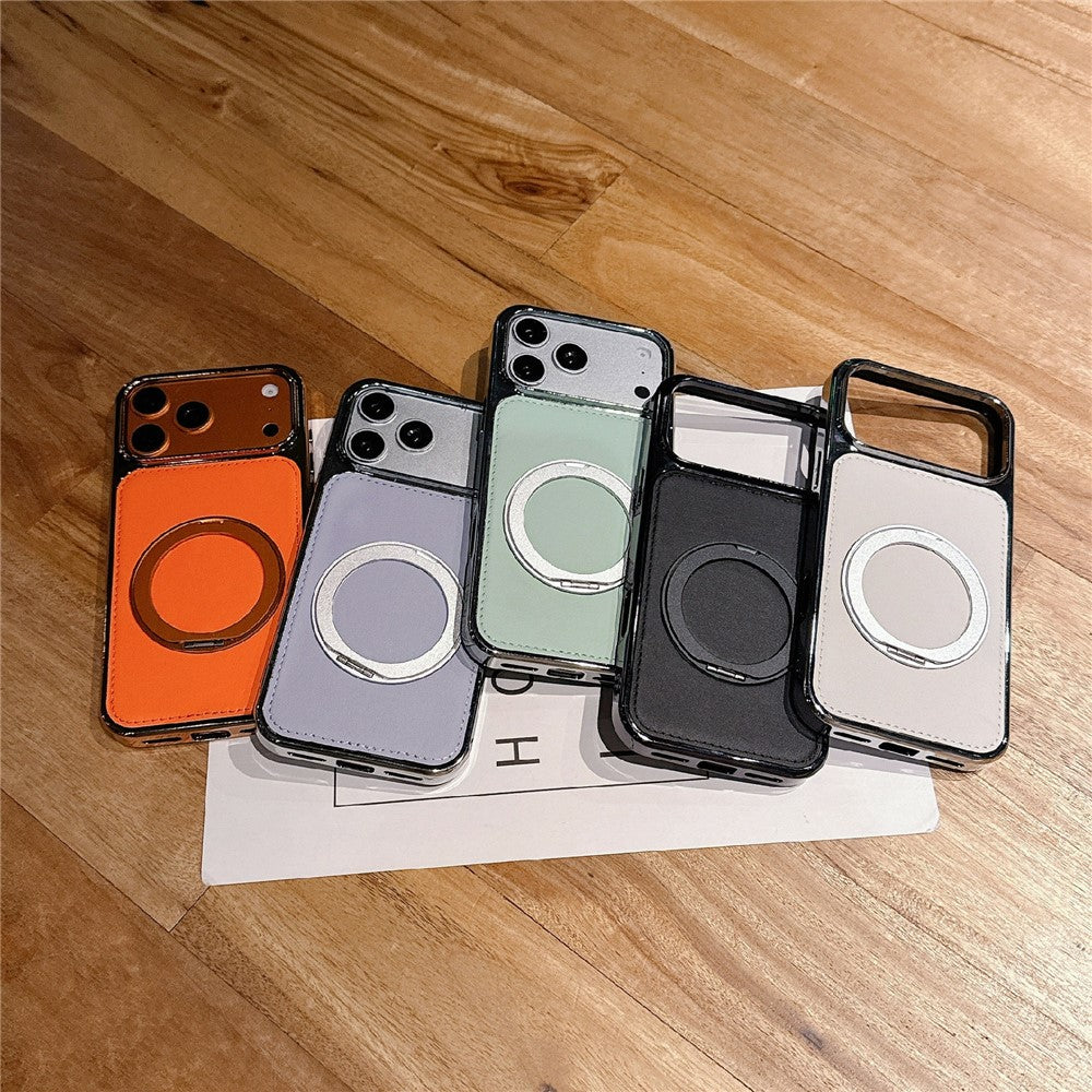 For iPhone 17 Pro Case Rotating Magnetic Kickstand Leather Coated PC + TPU Protective Cover