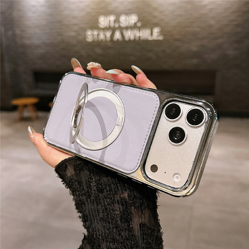 For iPhone 17 Pro Case Rotating Magnetic Kickstand Leather Coated PC + TPU Protective Cover