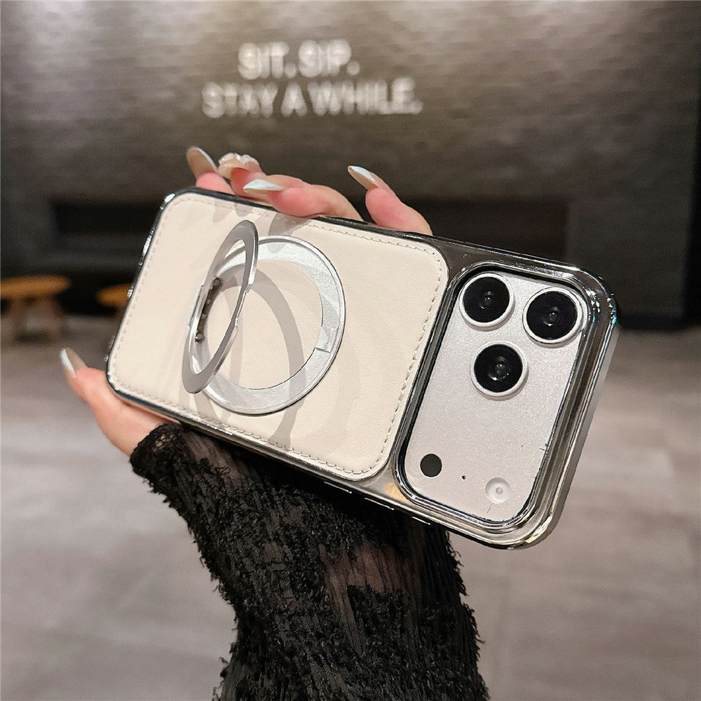 For iPhone 17 Pro Case Rotating Magnetic Kickstand Leather Coated PC + TPU Protective Cover