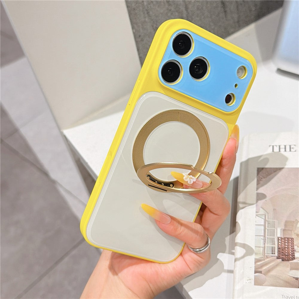 For iPhone 17 Pro Case Rotating Magnetic Kickstand Acrylic + TPU Color Blocking Phone Cover with Tempered Glass Screen Protector