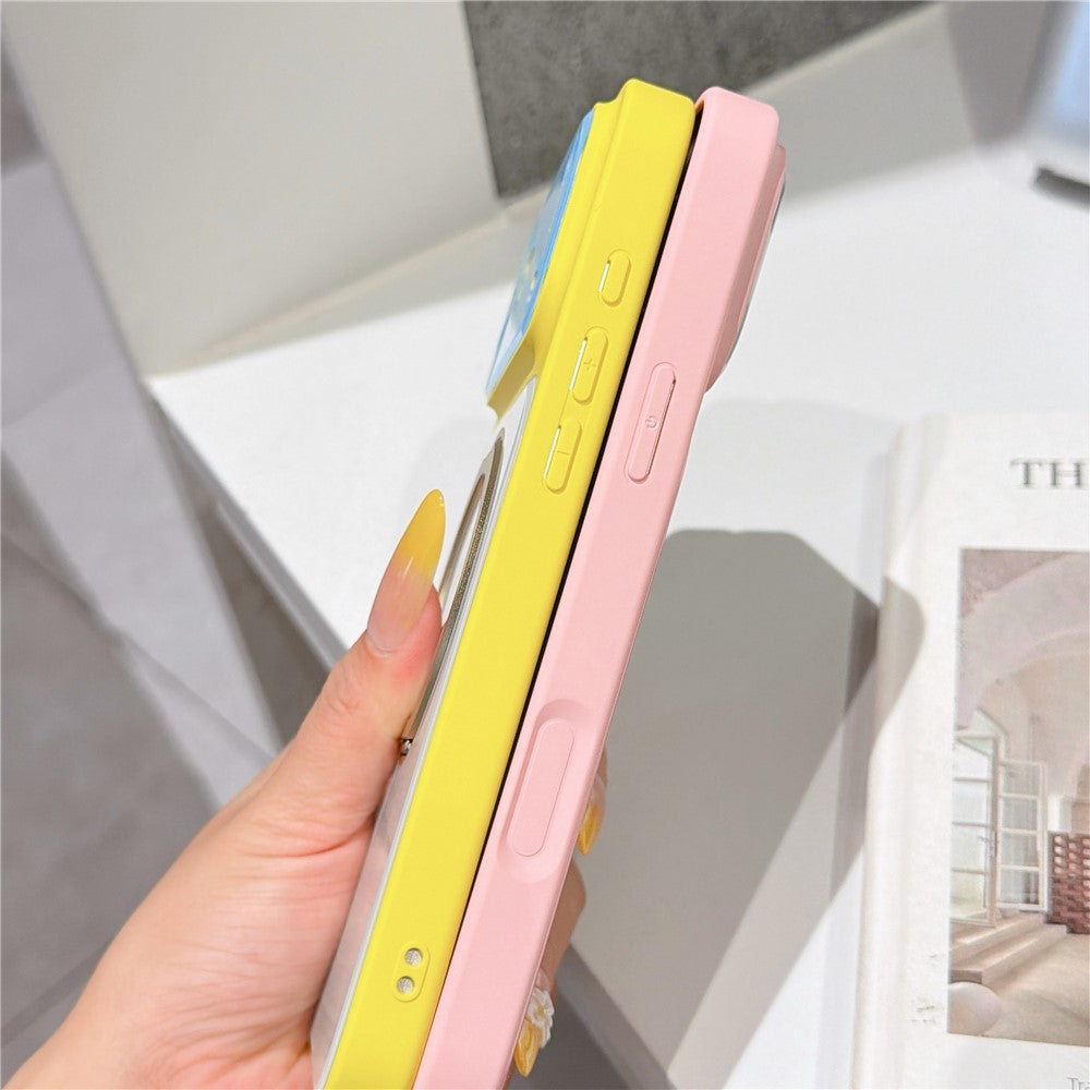For iPhone 17 Pro Case Rotating Magnetic Kickstand Acrylic + TPU Color Blocking Phone Cover with Tempered Glass Screen Protector