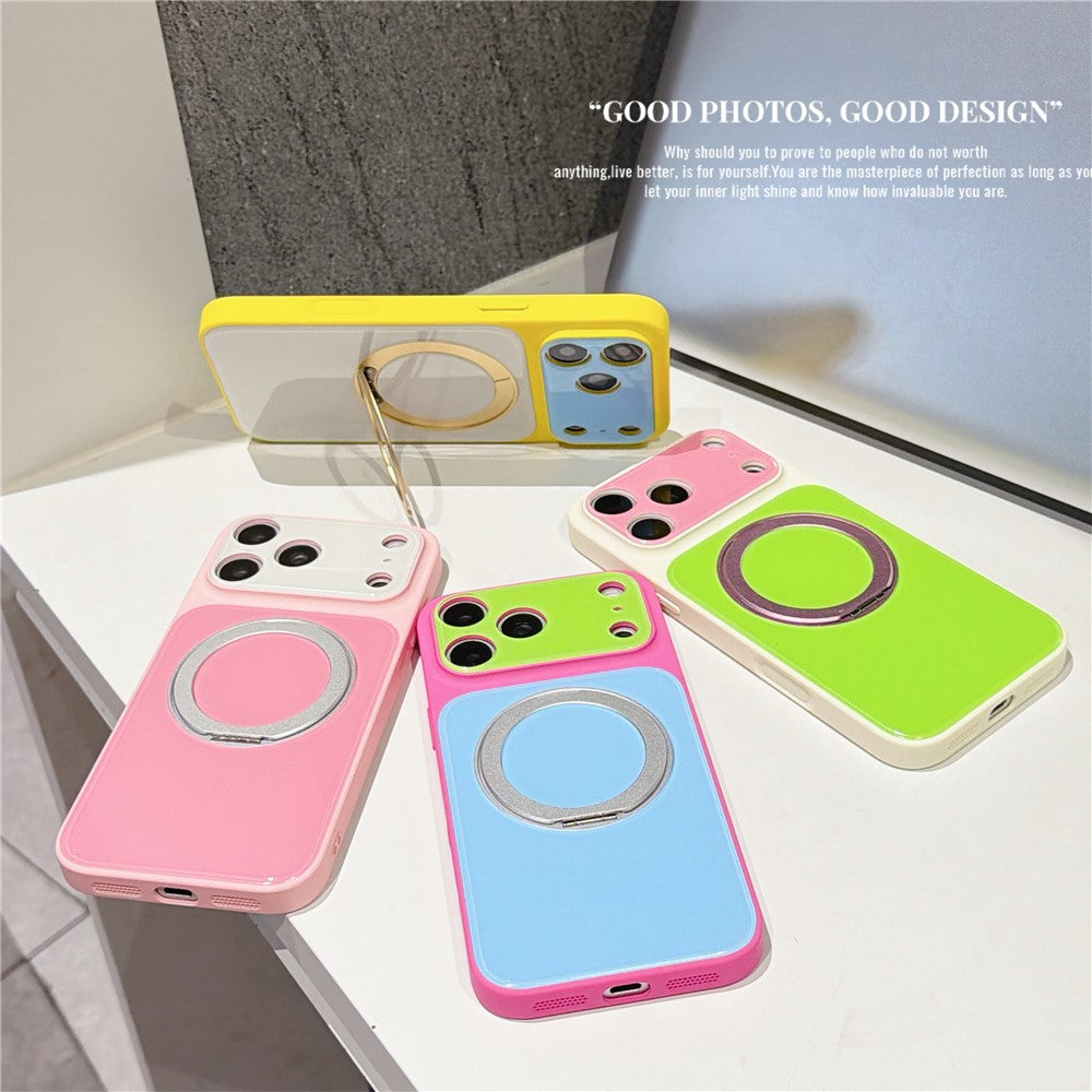 For iPhone 17 Pro Case Rotating Magnetic Kickstand Acrylic + TPU Color Blocking Phone Cover with Tempered Glass Screen Protector