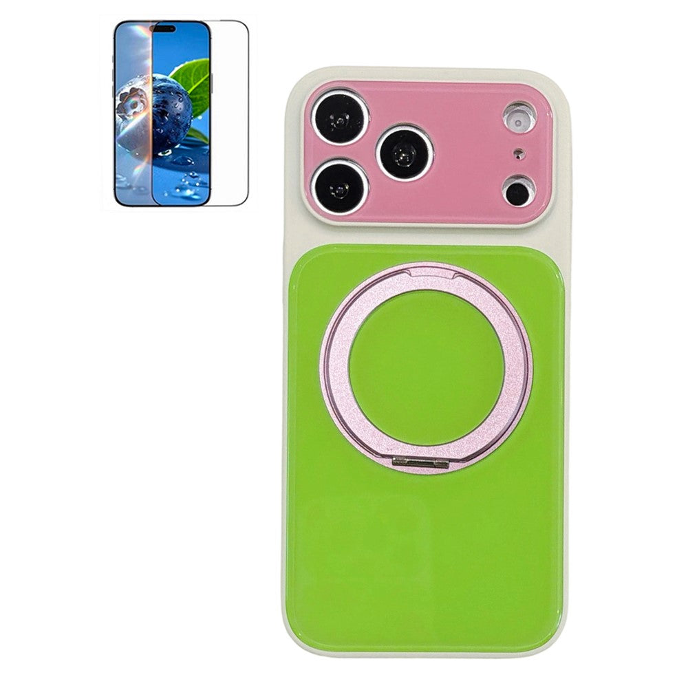 For iPhone 17 Pro Case Rotating Magnetic Kickstand Acrylic + TPU Color Blocking Phone Cover with Tempered Glass Screen Protector