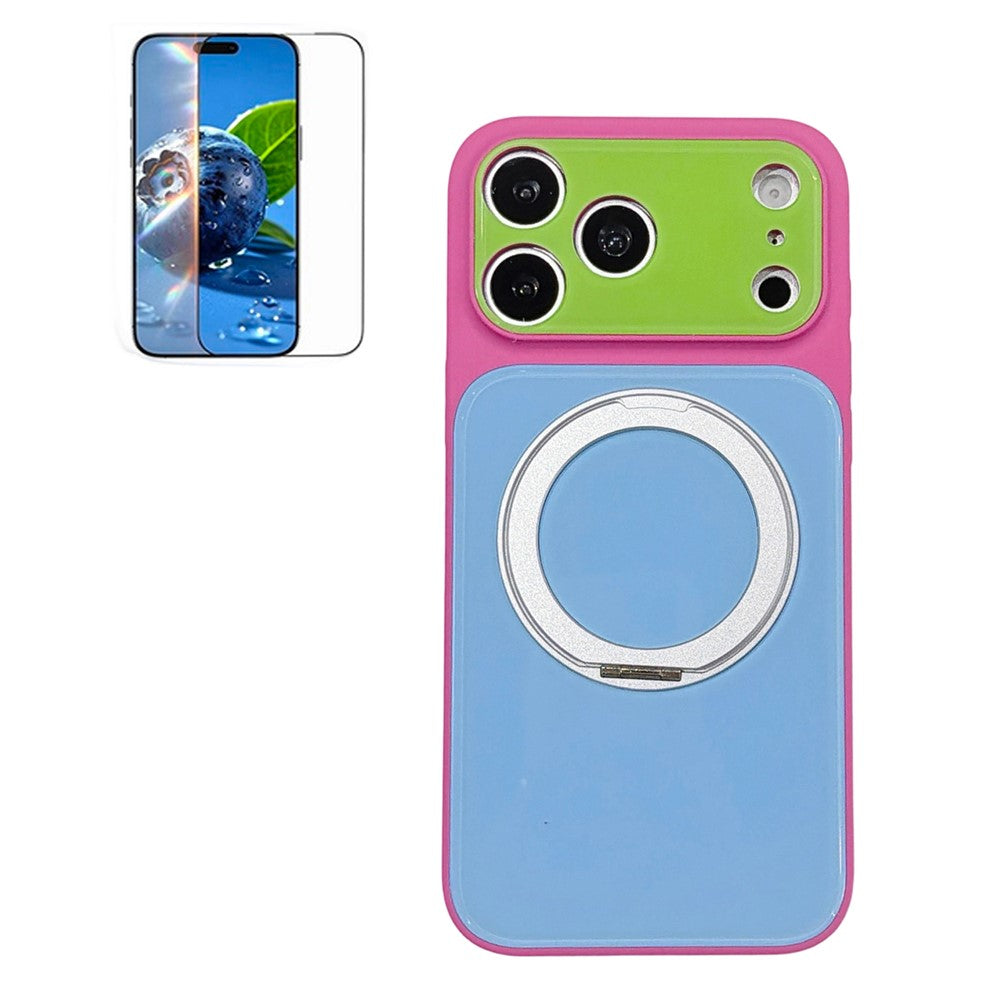 For iPhone 17 Pro Max Case Rotating Magnetic Kickstand Acrylic + TPU Color Blocking Phone Cover with Tempered Glass Screen Protector