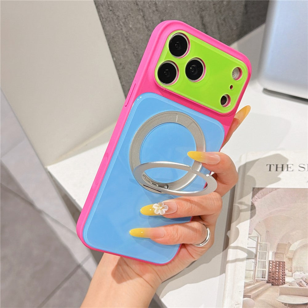 For iPhone 17 Pro Max Case Rotating Magnetic Kickstand Acrylic + TPU Color Blocking Phone Cover with Tempered Glass Screen Protector