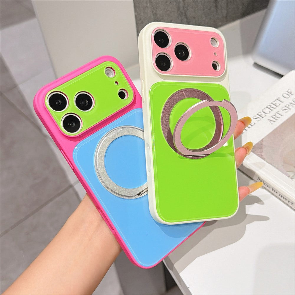 For iPhone 17 Pro Max Case Rotating Magnetic Kickstand Acrylic + TPU Color Blocking Phone Cover with Tempered Glass Screen Protector