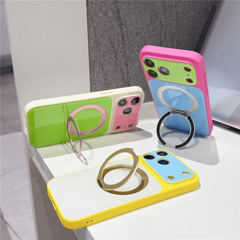 For iPhone 17 Pro Max Case Rotating Magnetic Kickstand Acrylic + TPU Color Blocking Phone Cover with Tempered Glass Screen Protector