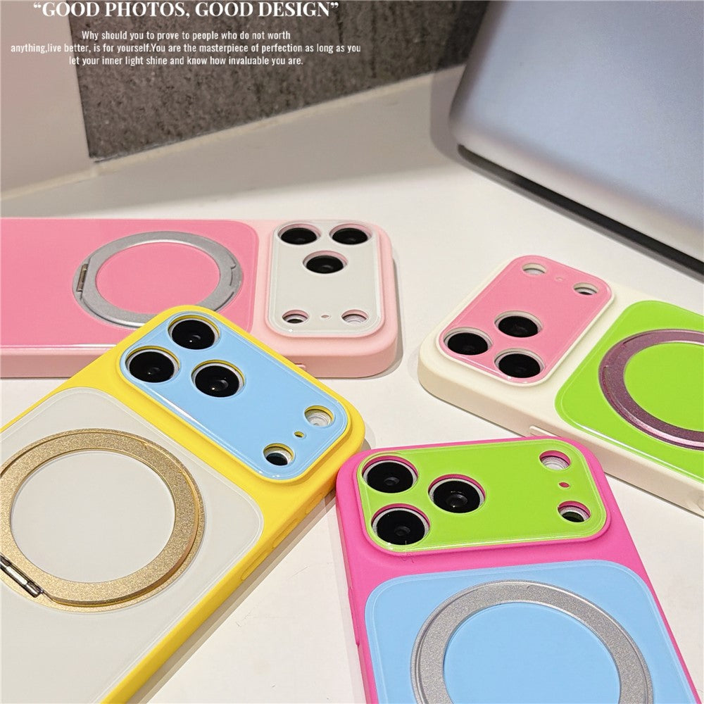 For iPhone 17 Pro Max Case Rotating Magnetic Kickstand Acrylic + TPU Color Blocking Phone Cover with Tempered Glass Screen Protector