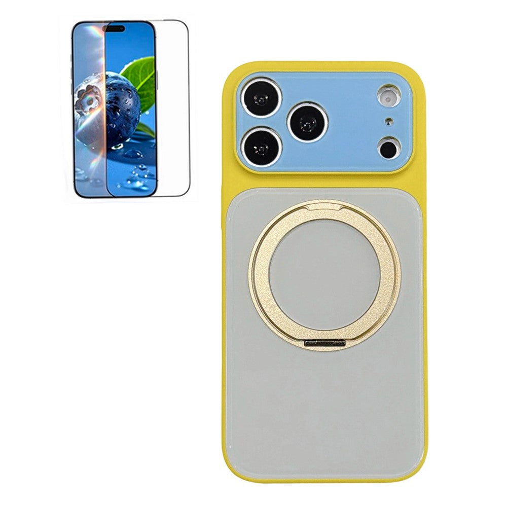 For iPhone 17 Pro Max Case Rotating Magnetic Kickstand Acrylic + TPU Color Blocking Phone Cover with Tempered Glass Screen Protector