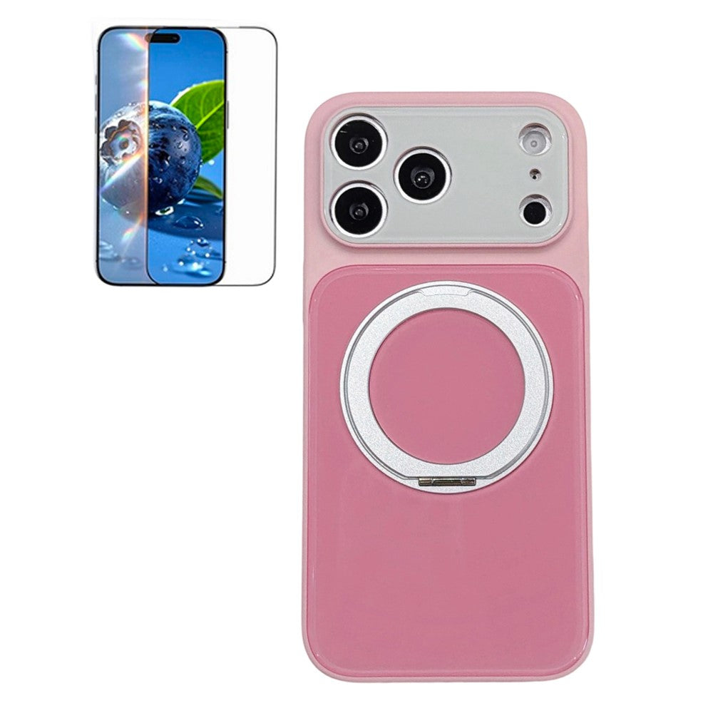 For iPhone 17 Pro Max Case Rotating Magnetic Kickstand Acrylic + TPU Color Blocking Phone Cover with Tempered Glass Screen Protector