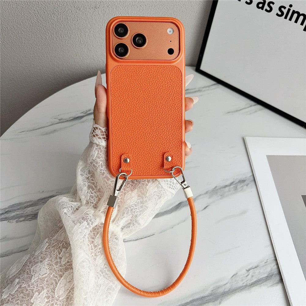 For iPhone 17 Pro Case Metal Paint Litchi Texture PU Leather Phone Back Cover with Wrist Strap