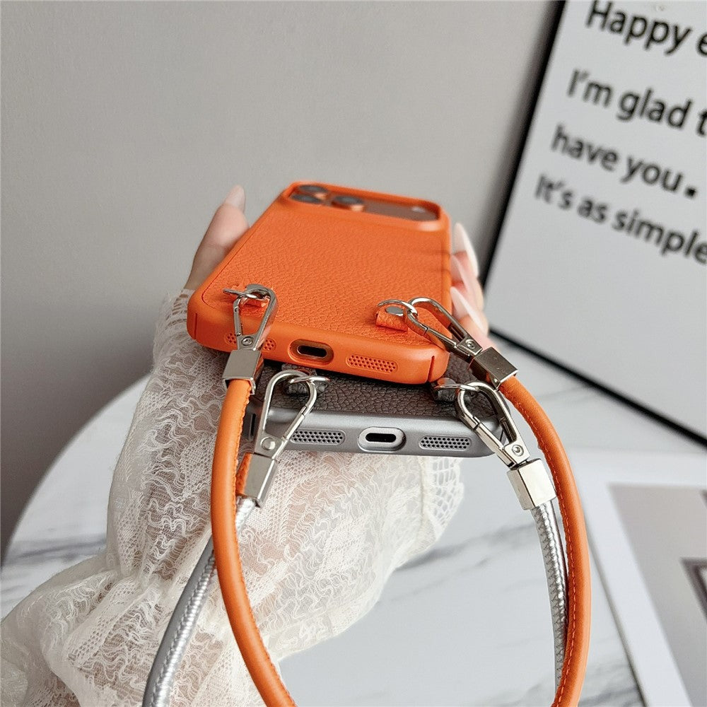 For iPhone 17 Pro Case Metal Paint Litchi Texture PU Leather Phone Back Cover with Wrist Strap