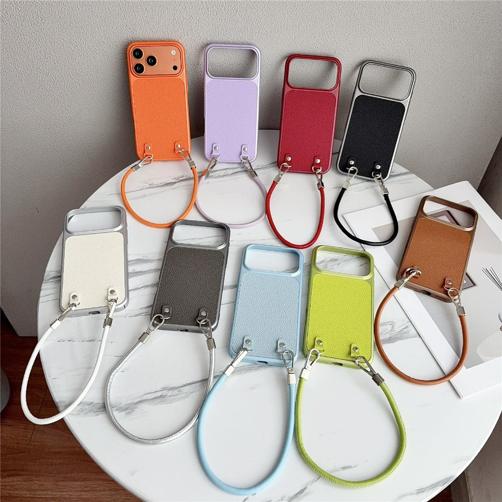 For iPhone 17 Pro Case Metal Paint Litchi Texture PU Leather Phone Back Cover with Wrist Strap