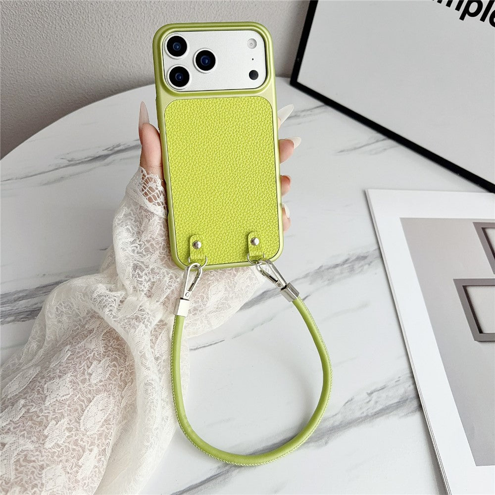 For iPhone 17 Pro Case Metal Paint Litchi Texture PU Leather Phone Back Cover with Wrist Strap