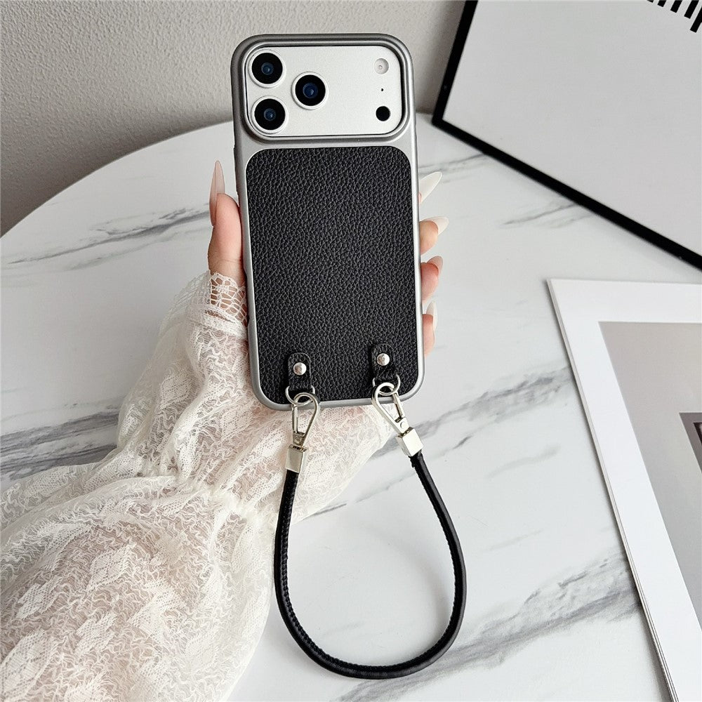 For iPhone 17 Pro Case Metal Paint Litchi Texture PU Leather Phone Back Cover with Wrist Strap
