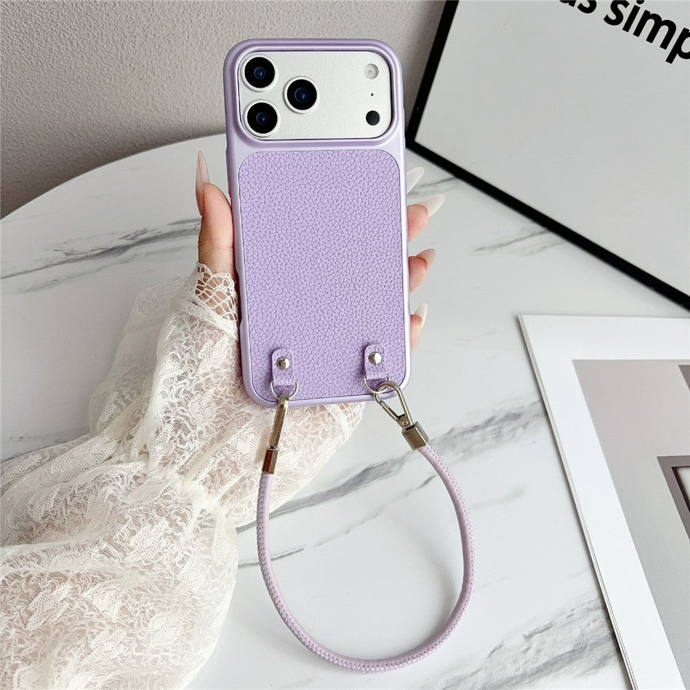 For iPhone 17 Pro Case Metal Paint Litchi Texture PU Leather Phone Back Cover with Wrist Strap