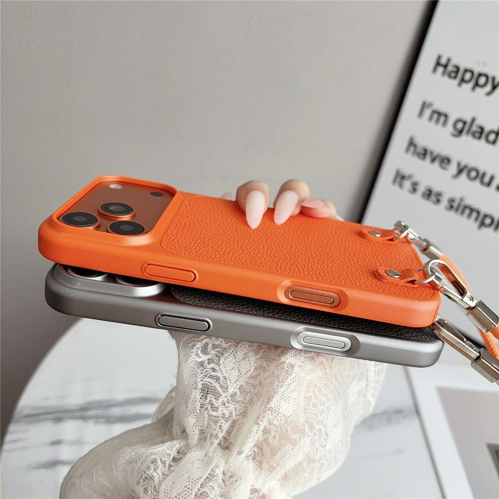 For iPhone 17 Pro Max Case Metal Paint Litchi Texture PU Leather Phone Back Cover with Wrist Strap