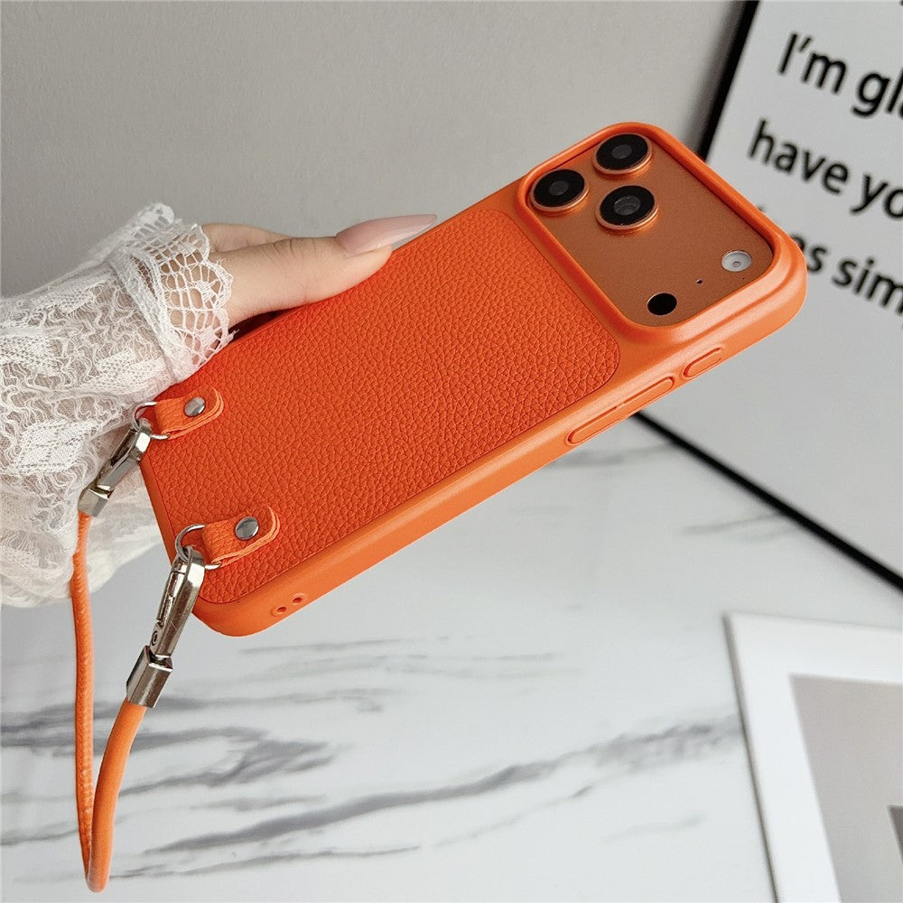 For iPhone 17 Pro Max Case Metal Paint Litchi Texture PU Leather Phone Back Cover with Wrist Strap
