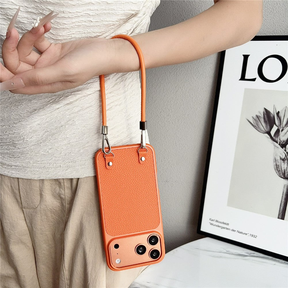 For iPhone 17 Pro Max Case Metal Paint Litchi Texture PU Leather Phone Back Cover with Wrist Strap