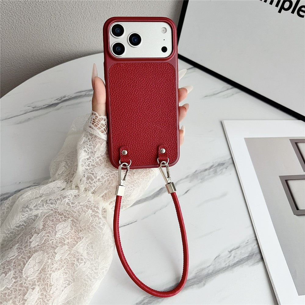 For iPhone 17 Pro Max Case Metal Paint Litchi Texture PU Leather Phone Back Cover with Wrist Strap