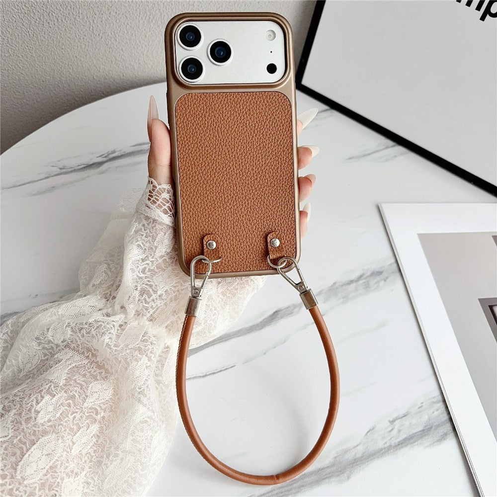 For iPhone 17 Pro Max Case Metal Paint Litchi Texture PU Leather Phone Back Cover with Wrist Strap