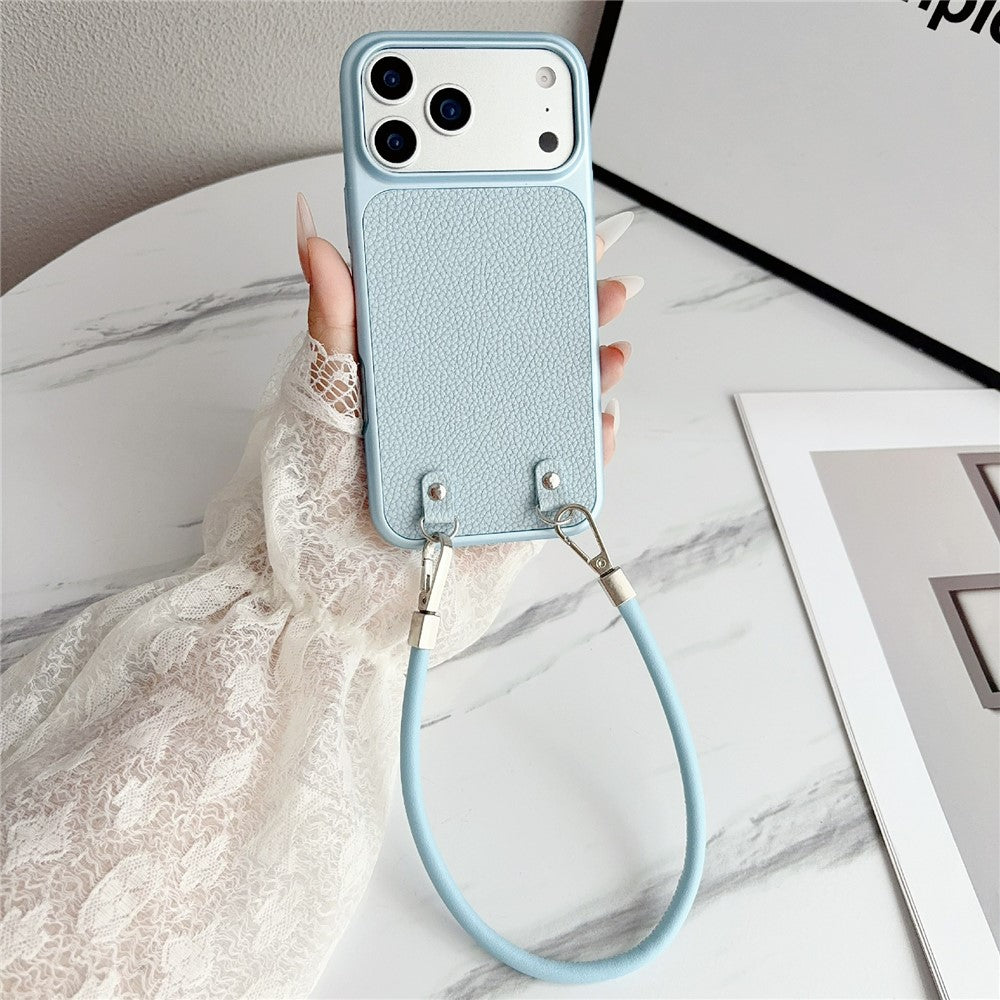 For iPhone 17 Pro Max Case Metal Paint Litchi Texture PU Leather Phone Back Cover with Wrist Strap