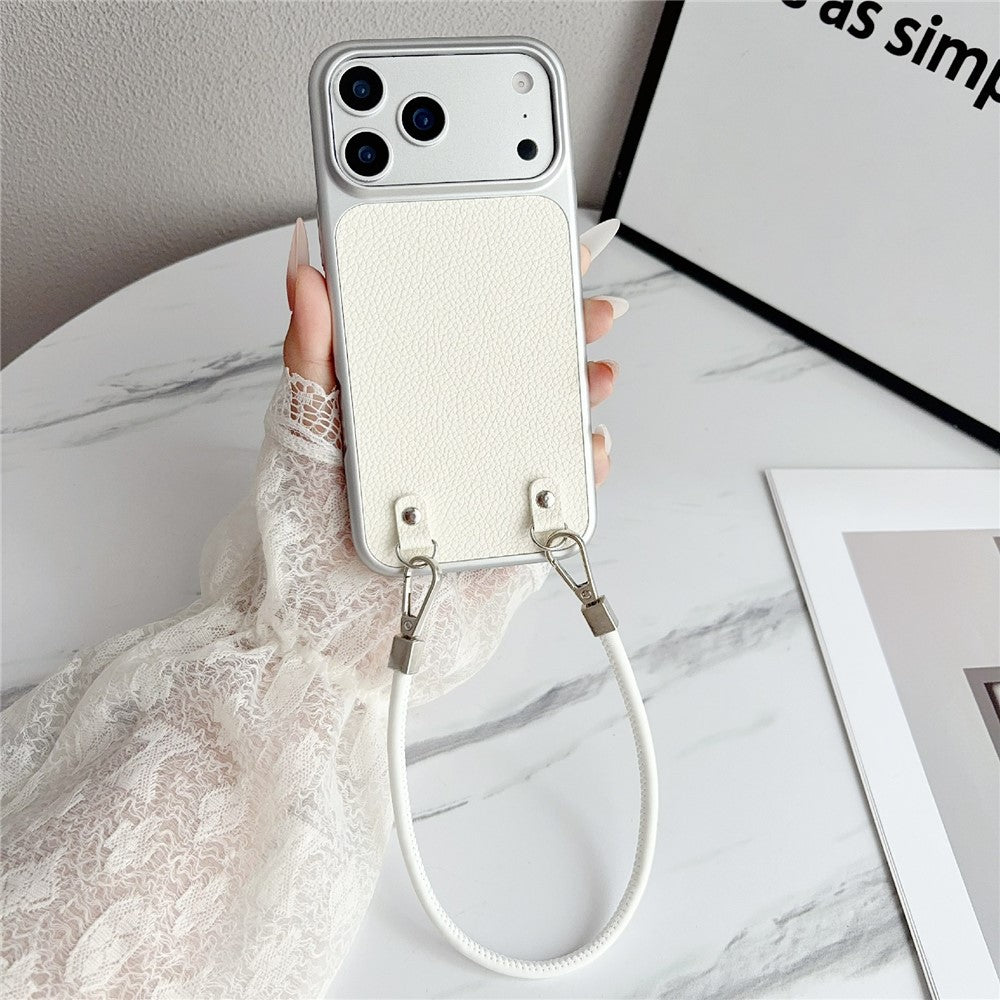 For iPhone 17 Pro Max Case Metal Paint Litchi Texture PU Leather Phone Back Cover with Wrist Strap