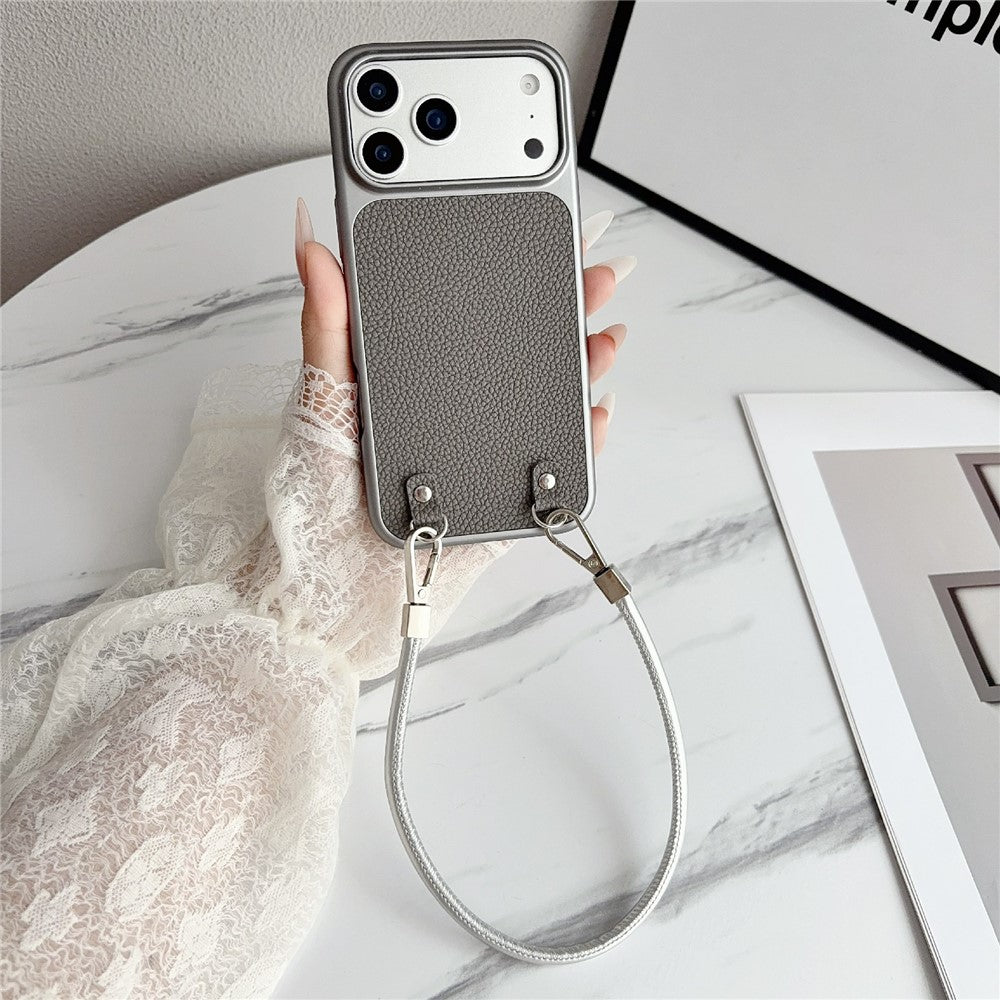For iPhone 17 Pro Max Case Metal Paint Litchi Texture PU Leather Phone Back Cover with Wrist Strap