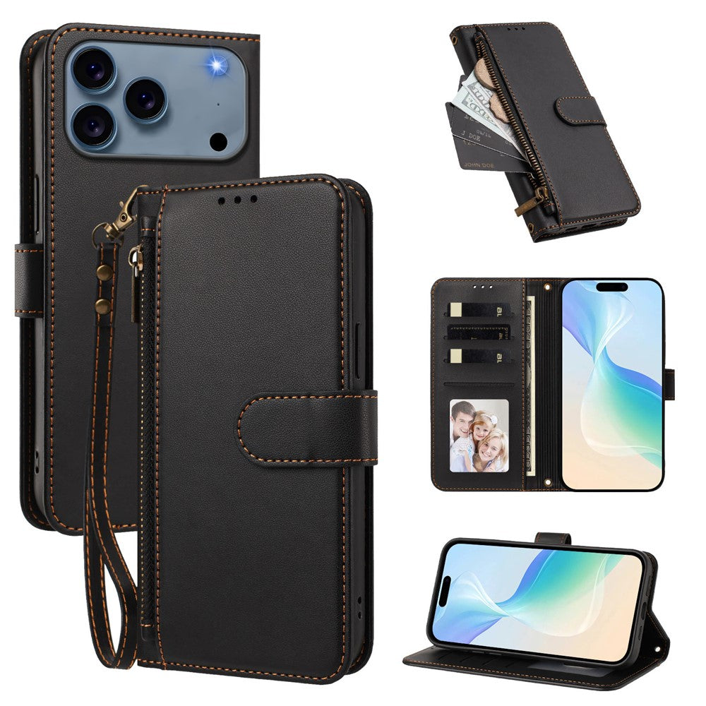 For iPhone 18 Pro Max / 17 Pro Max Case 4 Card Slots Wallet Stand PU Leather Phone Cover with Wrist Strap
