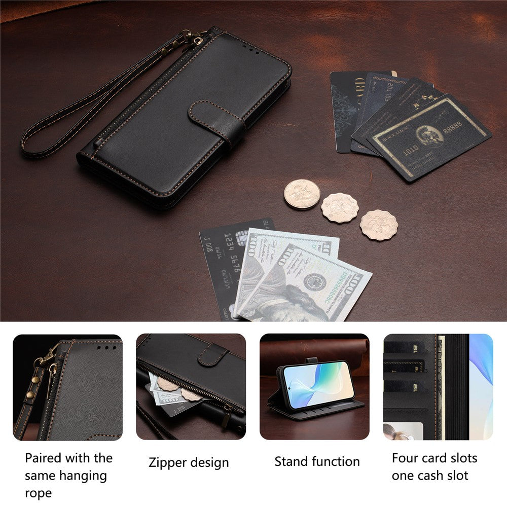 For iPhone 18 Pro Max / 17 Pro Max Case 4 Card Slots Wallet Stand PU Leather Phone Cover with Wrist Strap