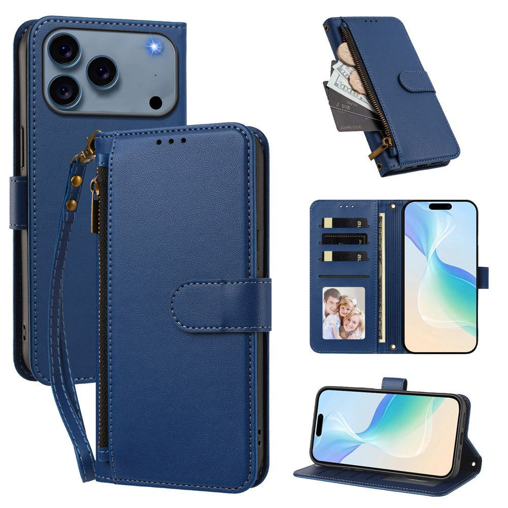 For iPhone 18 Pro Max / 17 Pro Max Case 4 Card Slots Wallet Stand PU Leather Phone Cover with Wrist Strap