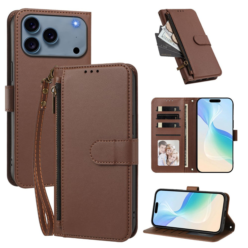 For iPhone 18 Pro Max / 17 Pro Max Case 4 Card Slots Wallet Stand PU Leather Phone Cover with Wrist Strap