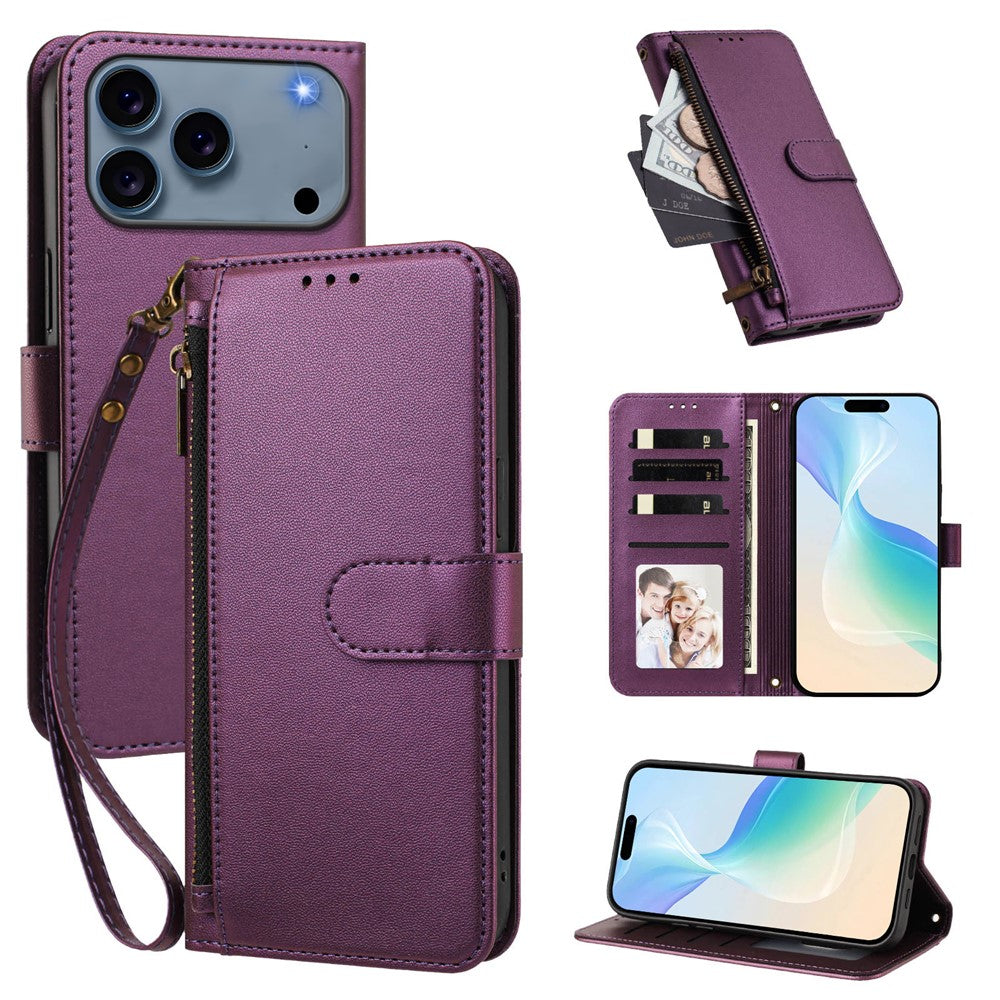 For iPhone 18 Pro Max / 17 Pro Max Case 4 Card Slots Wallet Stand PU Leather Phone Cover with Wrist Strap