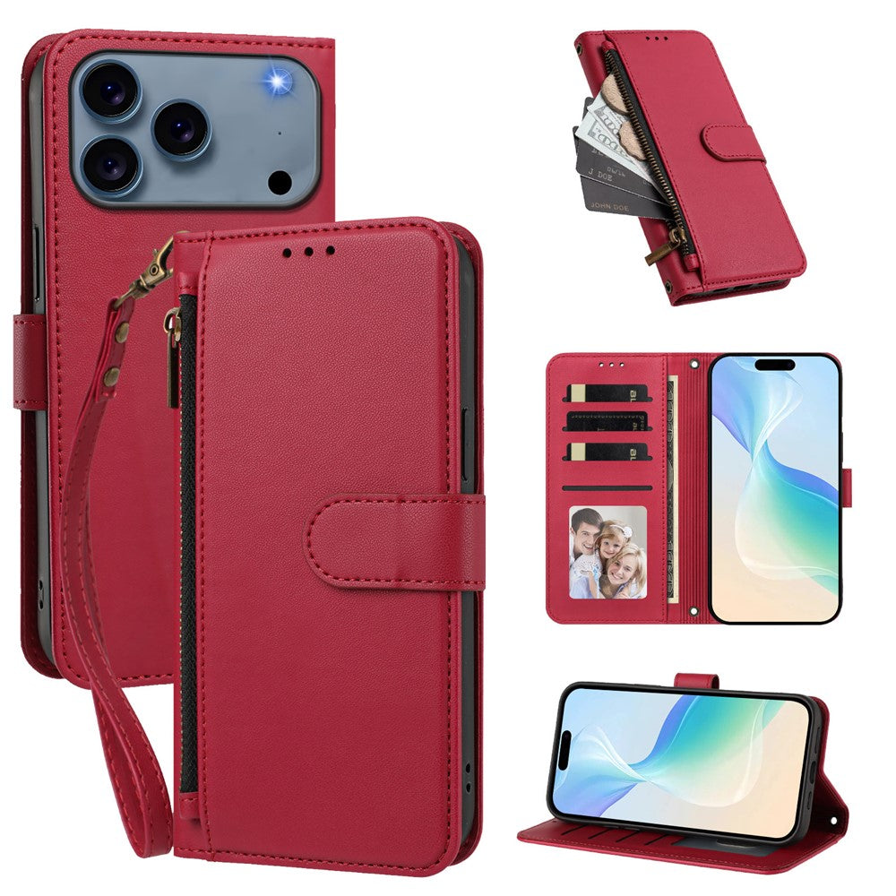 For iPhone 18 Pro Max / 17 Pro Max Case 4 Card Slots Wallet Stand PU Leather Phone Cover with Wrist Strap