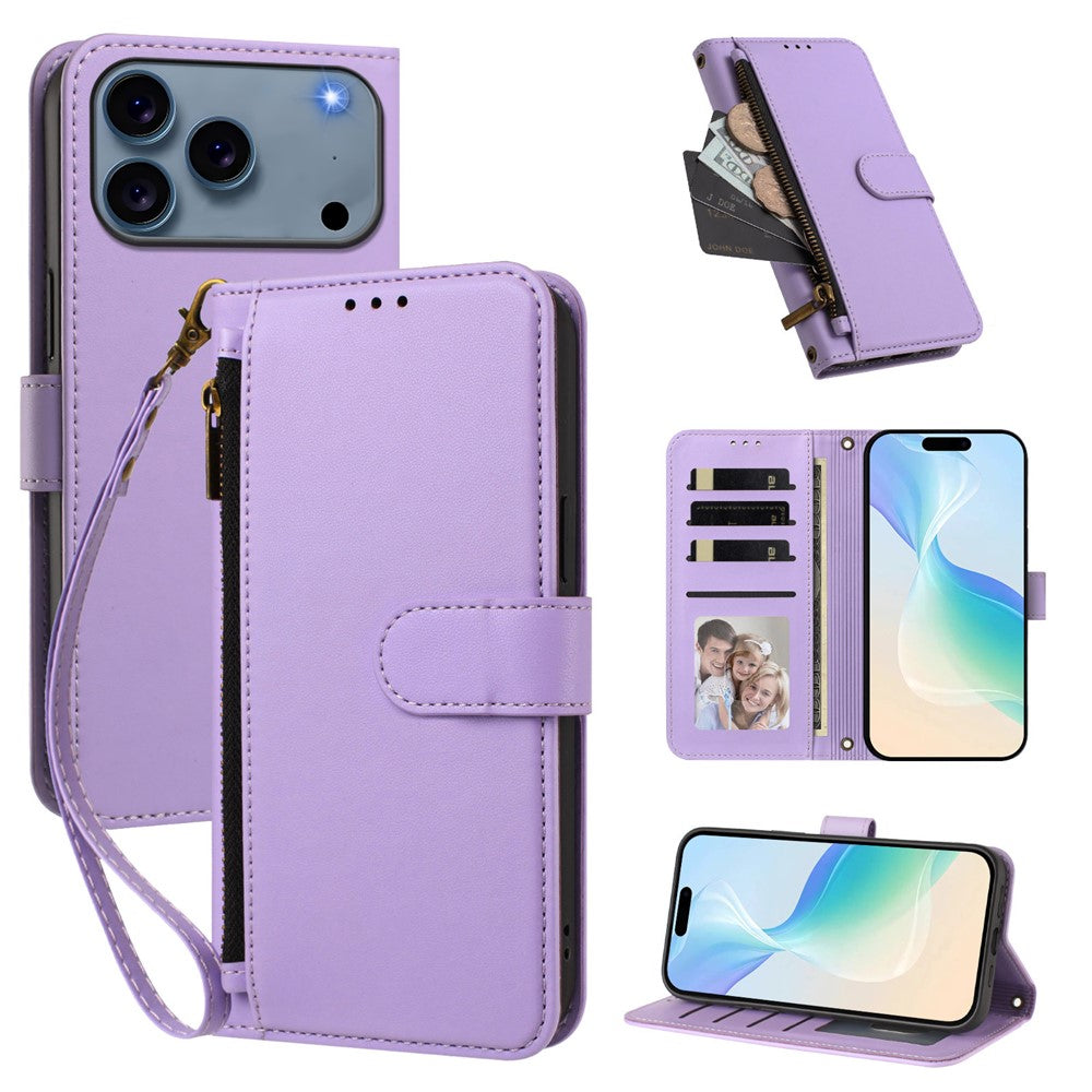 For iPhone 18 Pro Max / 17 Pro Max Case 4 Card Slots Wallet Stand PU Leather Phone Cover with Wrist Strap