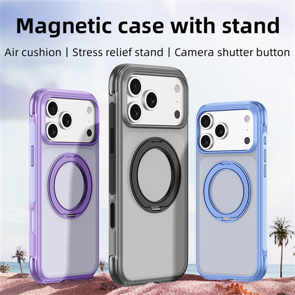 For iPhone 18 Pro / 17 Pro Case with Magnetic Kickstand Air Cushion Matte Translucent PC + TPU Phone Cover