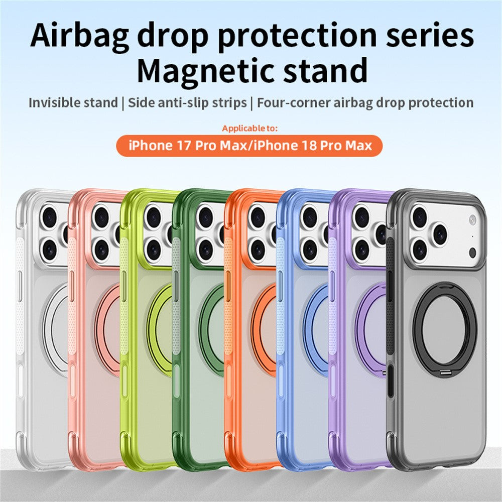 For iPhone 18 Pro Max / 17 Pro Max Case with Magnetic Kickstand Air Cushion Matte Translucent PC + TPU Phone Cover