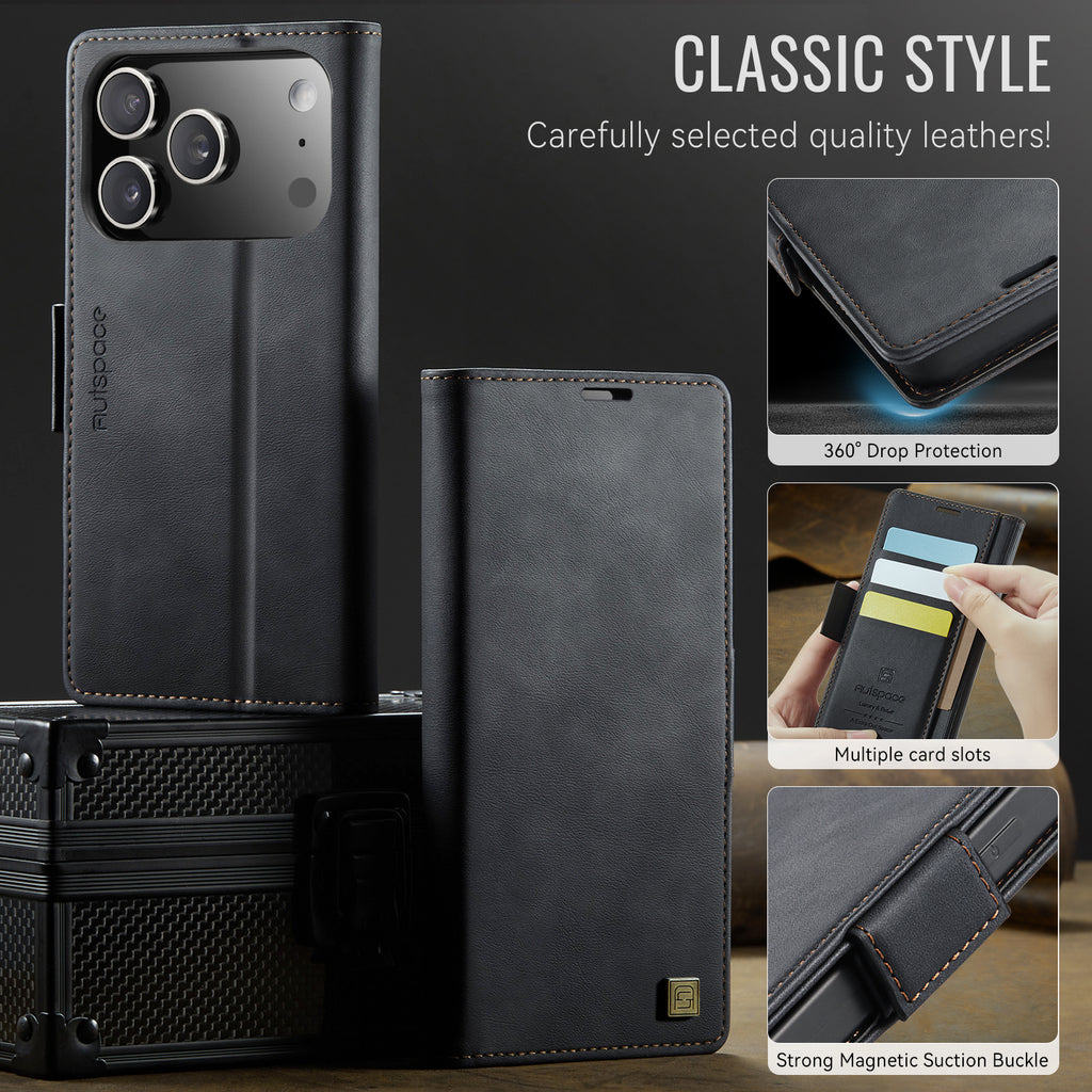 AUTSPACE for iPhone 17 Pro A11 Case RFID Blocking Retro Leather Cell Phone Wallet Cover