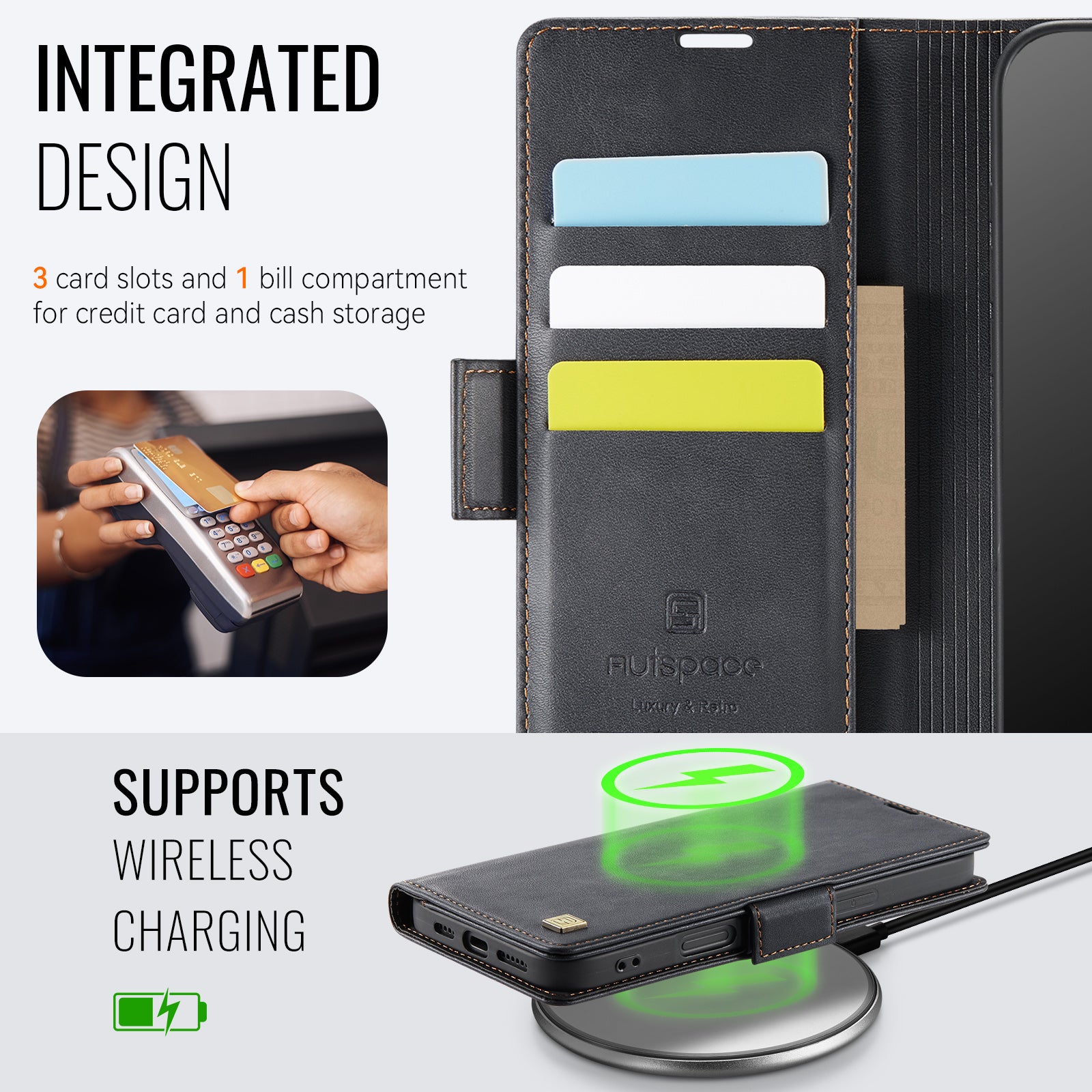 AUTSPACE for iPhone 17 Pro A11 Case RFID Blocking Retro Leather Cell Phone Wallet Cover