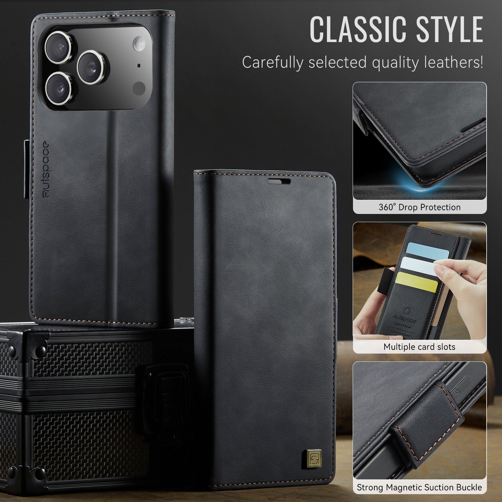AUTSPACE for iPhone 17 Pro Max A11 Case RFID Blocking Retro Leather Cell Phone Wallet Cover