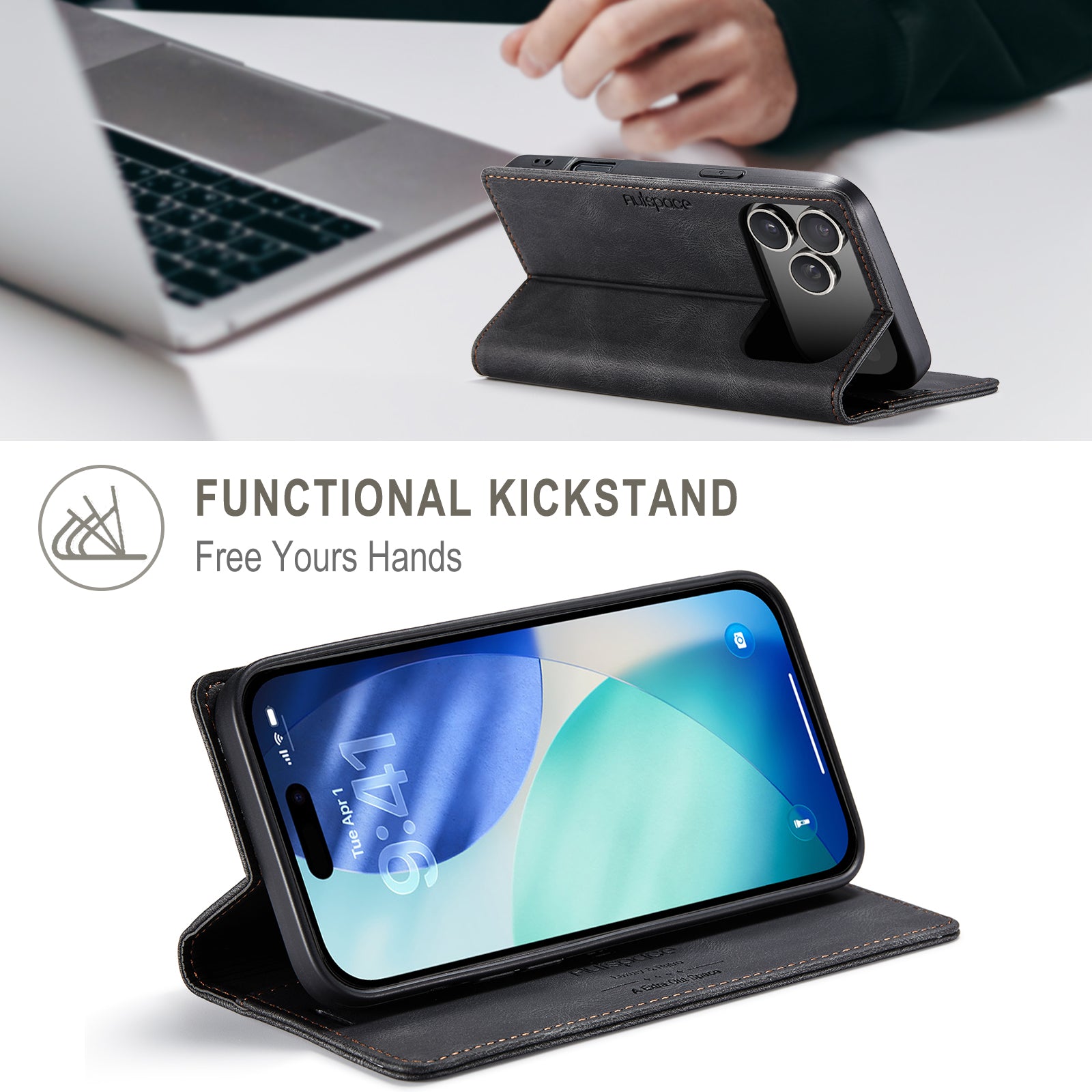 AUTSPACE for iPhone 17 Pro Wallet Case  A01 Leather Stand Cover with RFID Blocking Card Holder