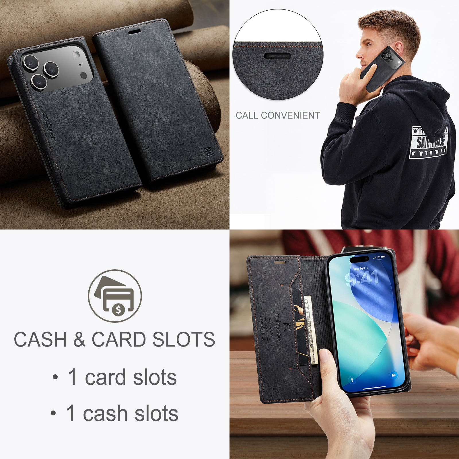 AUTSPACE for iPhone 17 Pro Wallet Case  A01 Leather Stand Cover with RFID Blocking Card Holder