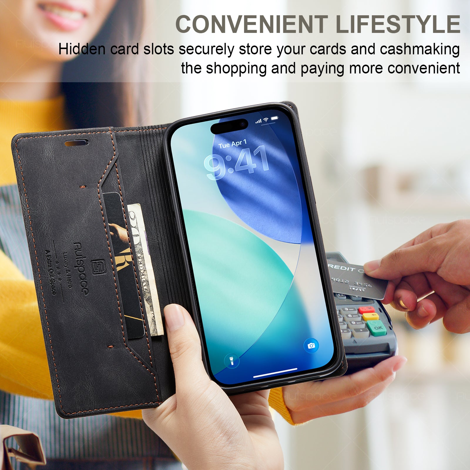 AUTSPACE for iPhone 17 Pro Max Wallet Case  A01 Leather Stand Cover with RFID Blocking Card Holder