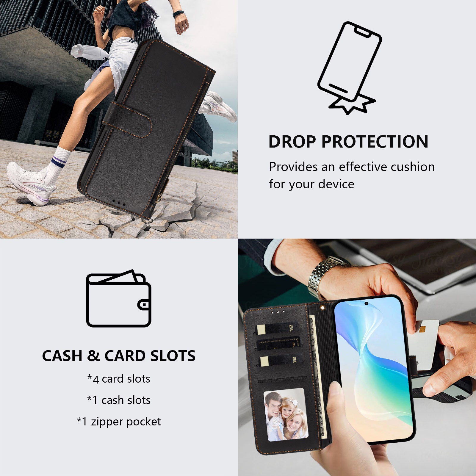 For iPhone 17 Pro / iPhone 18 Pro Case 4 Card Slots Wallet Stand PU Leather Phone Cover with Wrist Strap