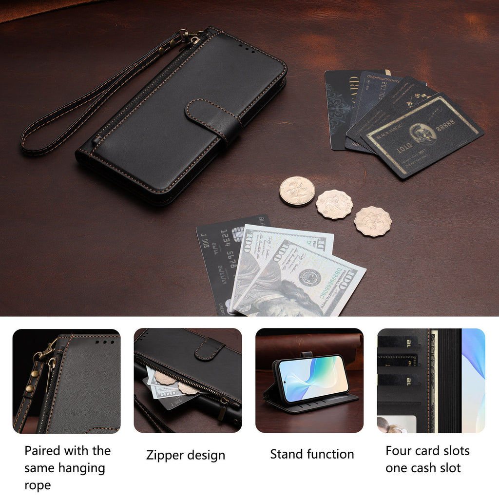 For iPhone 17 Pro / iPhone 18 Pro Case 4 Card Slots Wallet Stand PU Leather Phone Cover with Wrist Strap