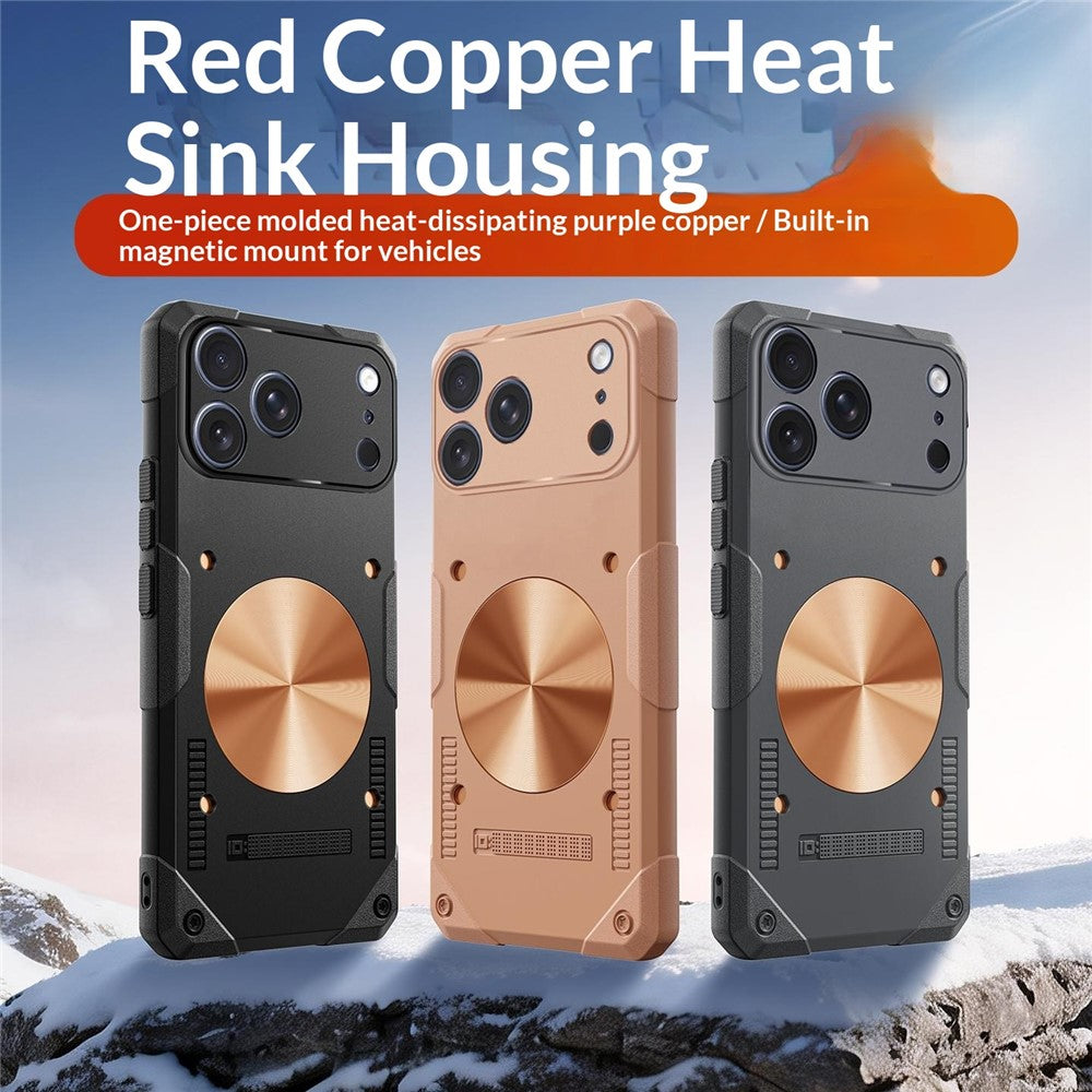 For iPhone 17 Pro Case Copper Heat Dissipation TPU + Metal Cooling Phone Cover Support Magnetic Car Mount