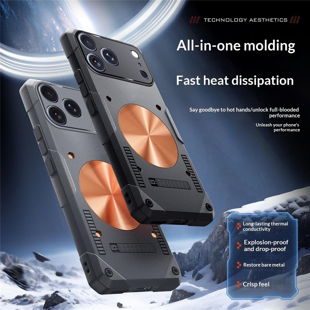 For iPhone 17 Pro Case Copper Heat Dissipation TPU + Metal Cooling Phone Cover Support Magnetic Car Mount