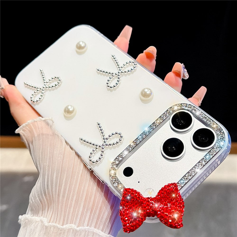 For iPhone 18 Pro Max / 17 Pro Max Case Pearl Bow Decor PC + TPU IMD Phone Cover with Rhinestone Camera Ring