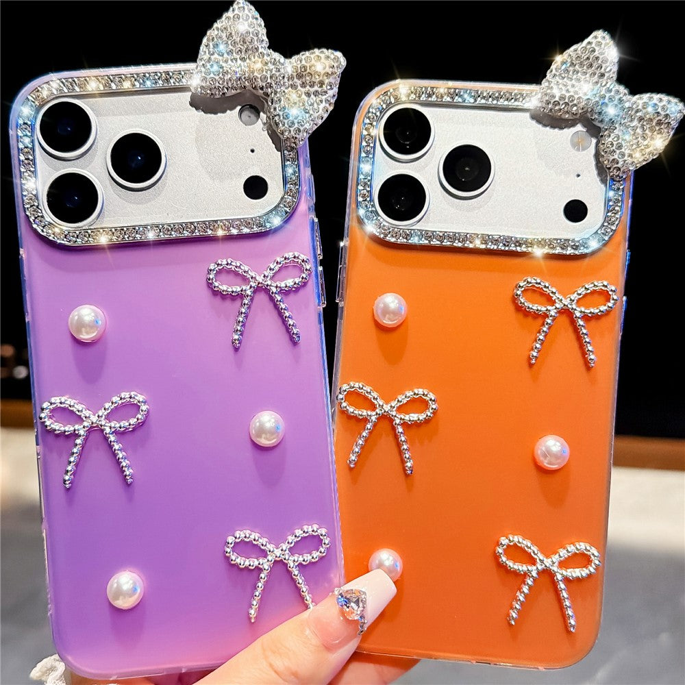 For iPhone 18 Pro Max / 17 Pro Max Case Pearl Bow Decor PC + TPU IMD Phone Cover with Rhinestone Camera Ring